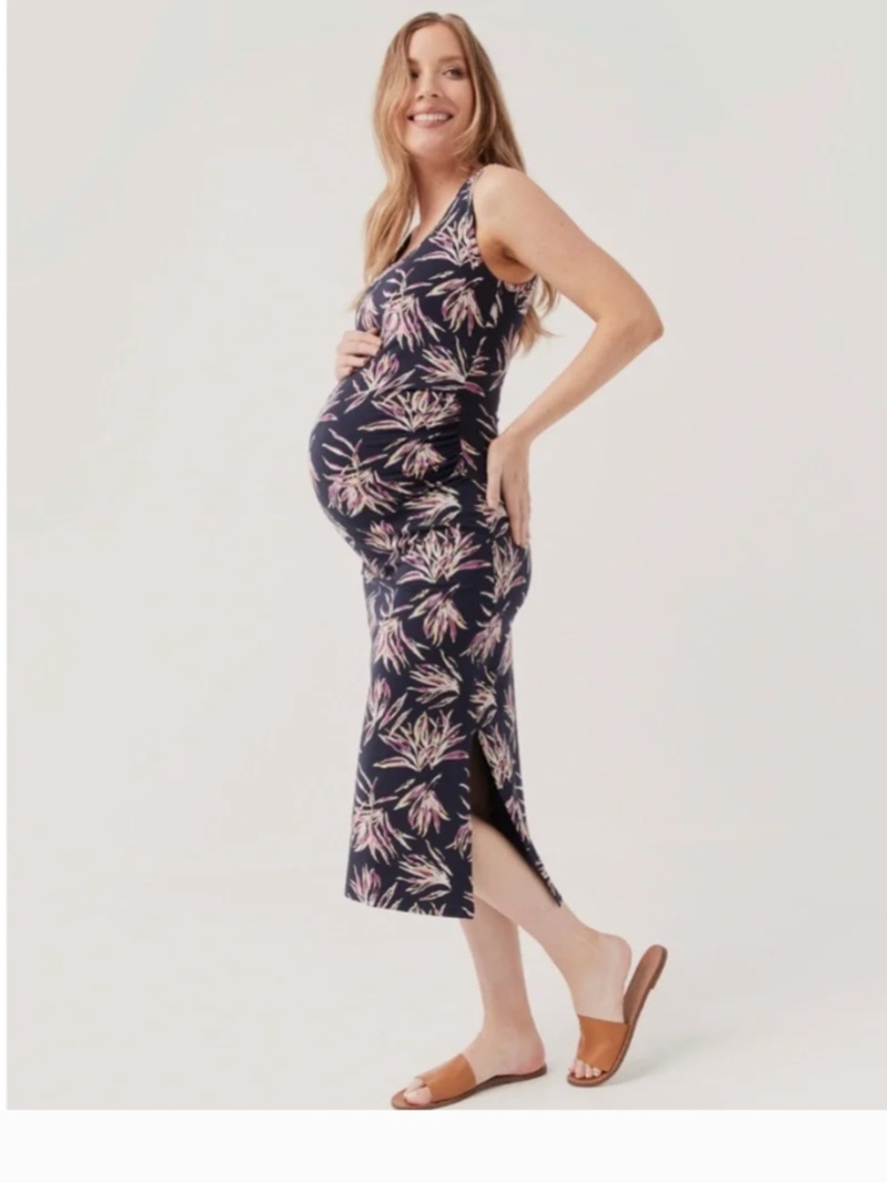 Pact Maternity Freesia Palms Ruched Midi Stretch Organic Cotton Dress Medium